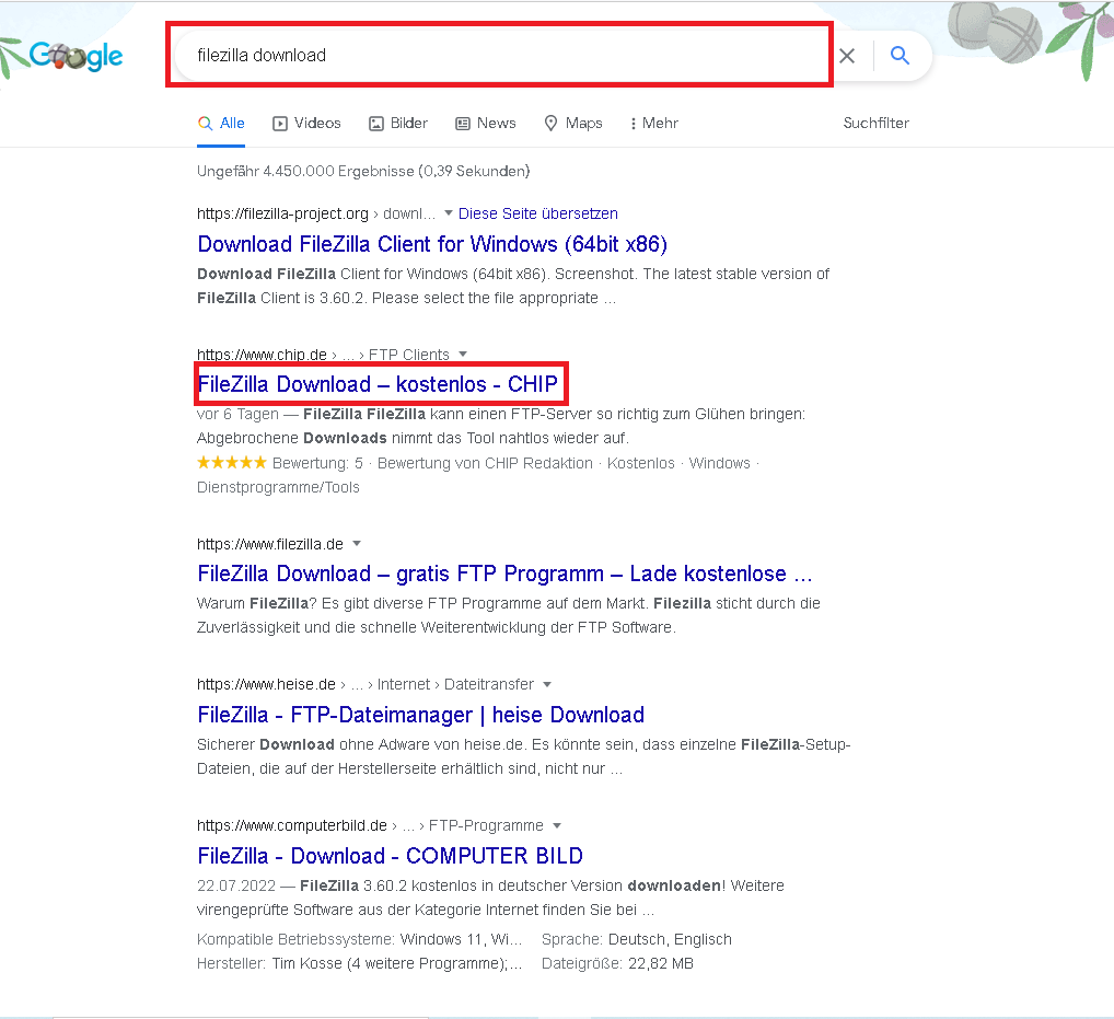 Google Suche FileZilla